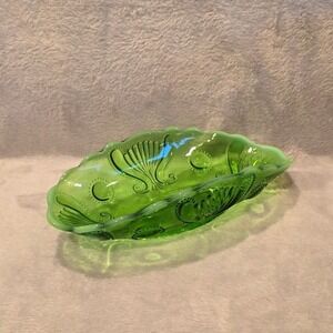 Antique Jefferson Glass "Jewel and Fan" Banana Boat Dish Green Opalescent Glass
